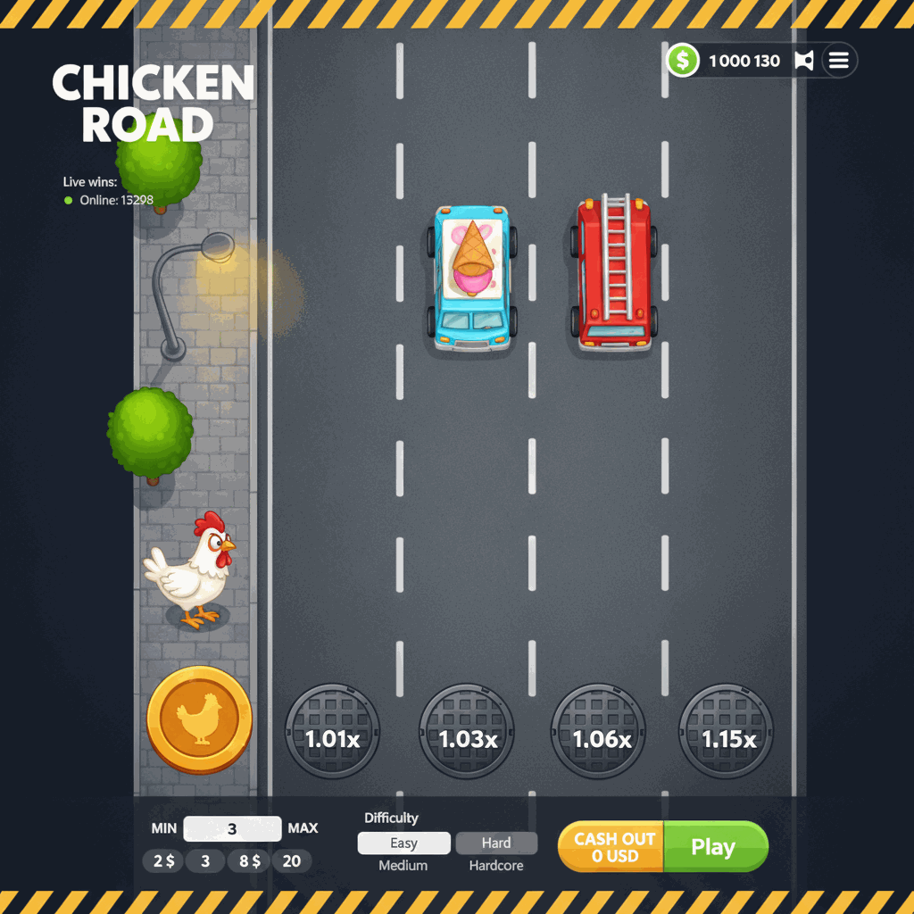 Chicken Road crash game di InOut con una gallina cartoon che attraversa una strada multi-corsia vista dall'alto, corsie grigie con linee tratteggiate bianche, marcatori circolari dei moltiplicatori su ogni corsia, interfaccia neon con display di vincite in tempo reale e pannello di controllo delle scommesse nella parte inferiore